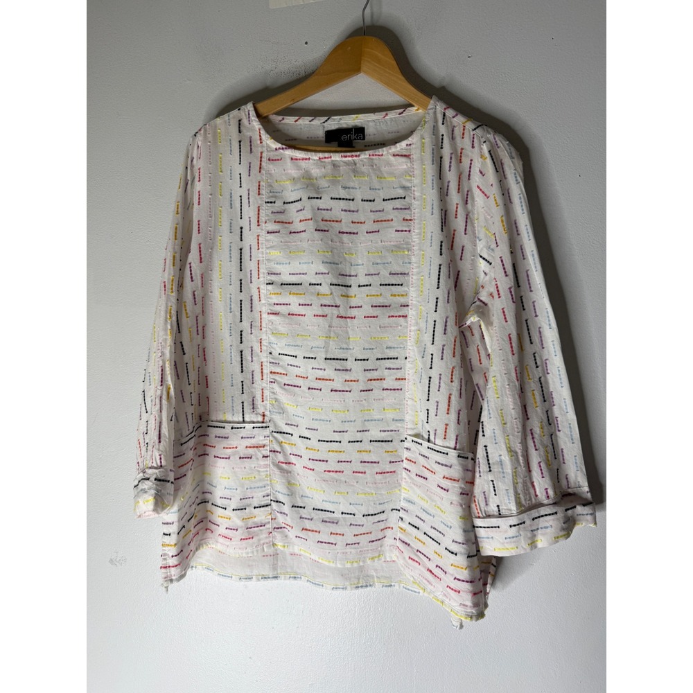 Erika Color Catch WHITE multicolored 3/4 SLEEVE ROUND NECK TOP W/POCKETS large